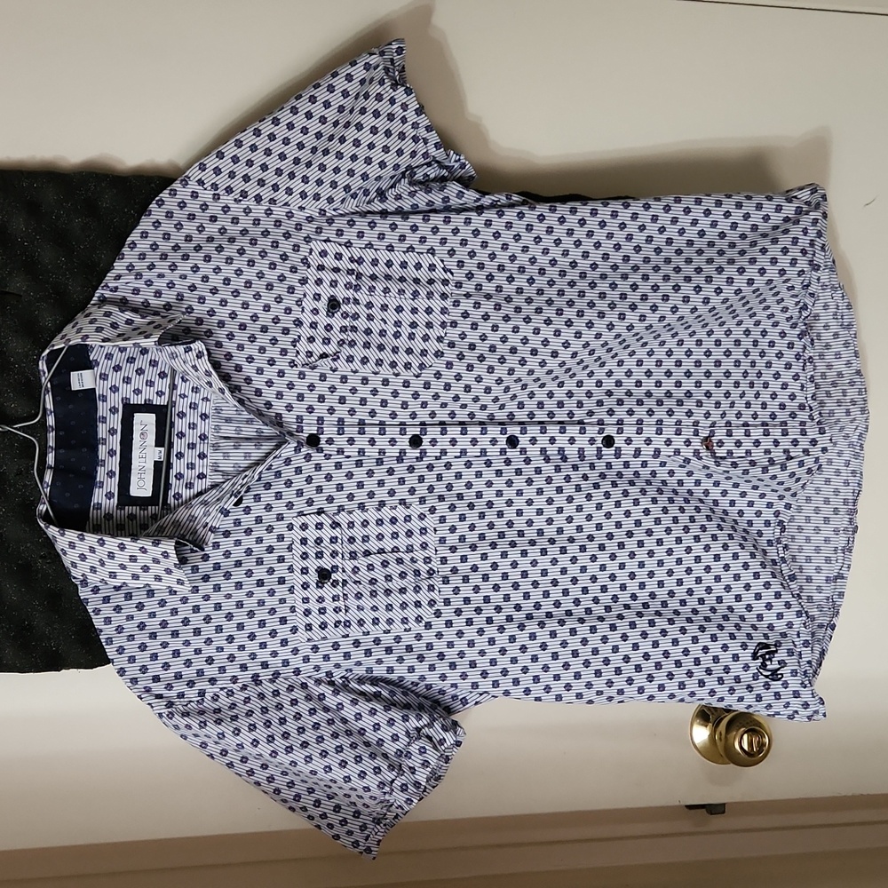John Lennon Floral Button Down Short Casual Sleeve Dress Shirt White, Blue & Red